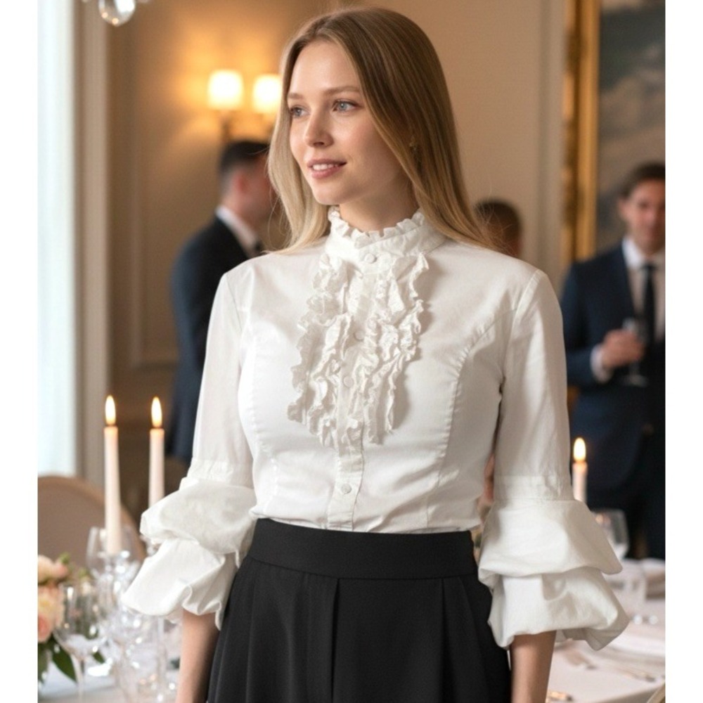 Flavio Castellani Dramatic Puff Sleeve Ruffle Blouse Size M Modern Victorian